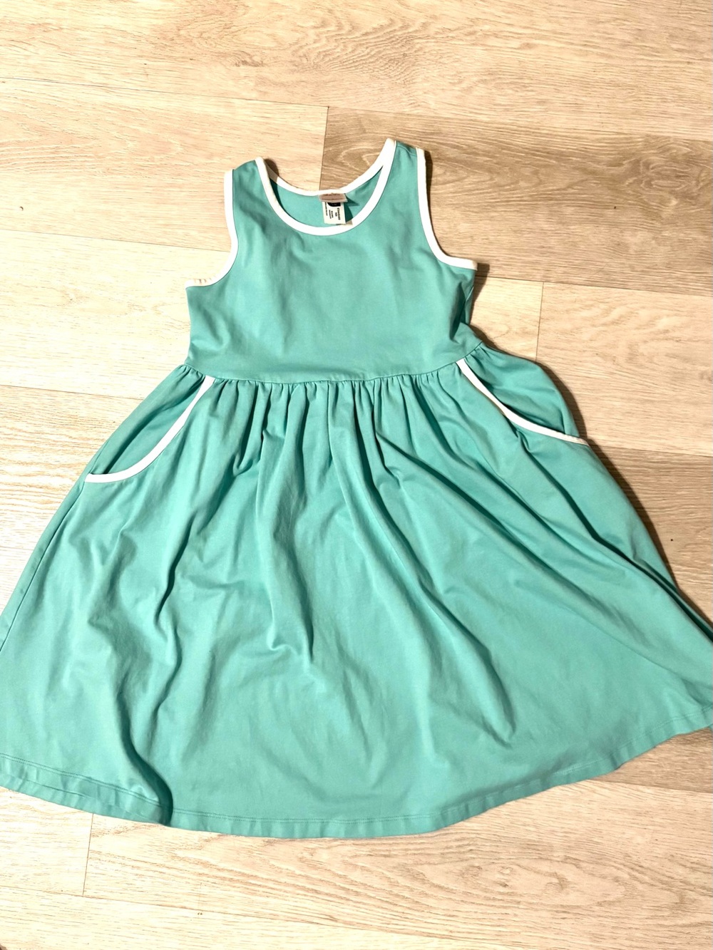 Hanna Andersson Teal Sleeveless Knit Dress with White Trim
